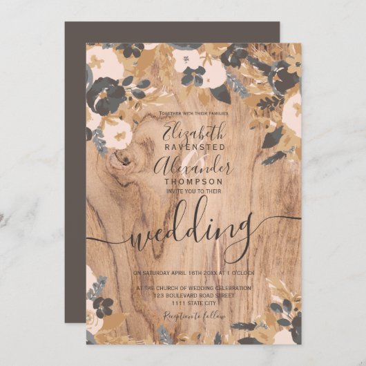 Invitation Boho rustique bois brun coton pampas mariage (Devant / Derrière)