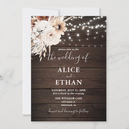 Invitation Boho Rustique Bois Chute Fleurs Mariage (Devant)