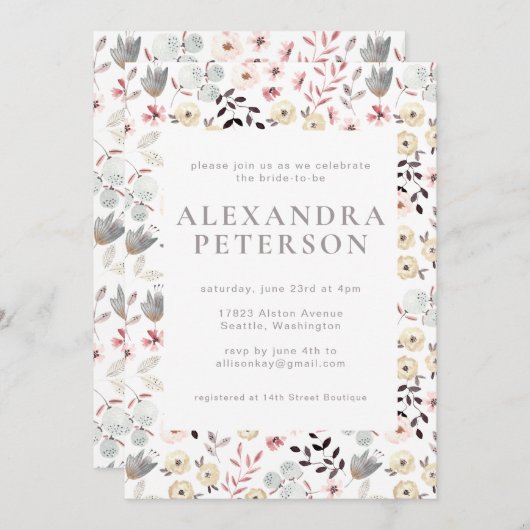 Invitation Boho rustique Botanique Blanc Gris Fête des mariée (Devant / Derrière)