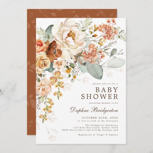 Invitation Boho Rustique Burnt Orange Cream Baby shower Flora (Devant / Derrière)