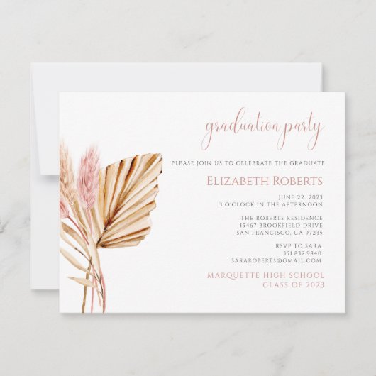 Invitation Boho Rustique Chic Floral Pampas Graduation Grass (Devant)