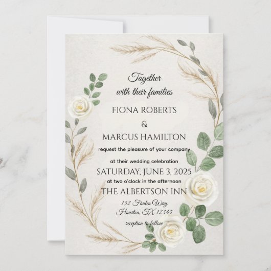 Invitation Boho Rustique classique Roses & Pampas Mariage en (Devant)