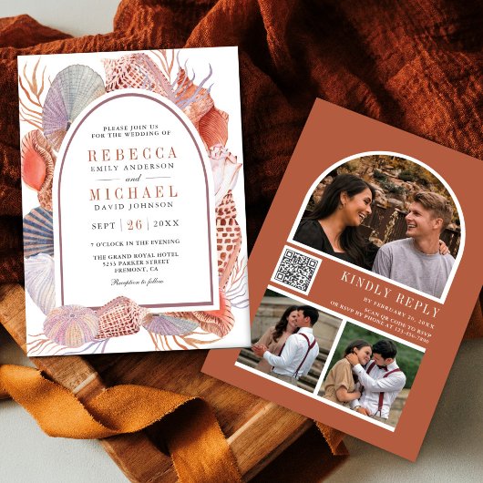 Invitation Boho Rustique Coquillages Nautique QR Code Mariage