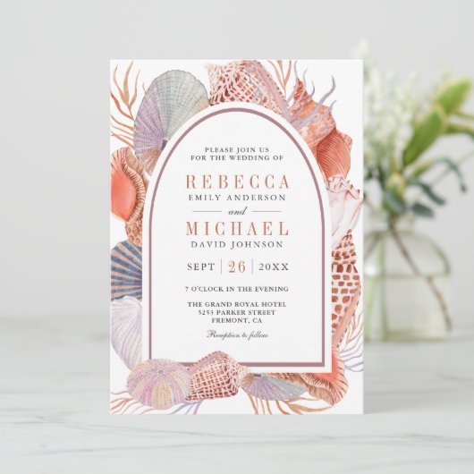 Invitation Boho Rustique Coquillages Nautique QR Code Mariage (Debout devant)