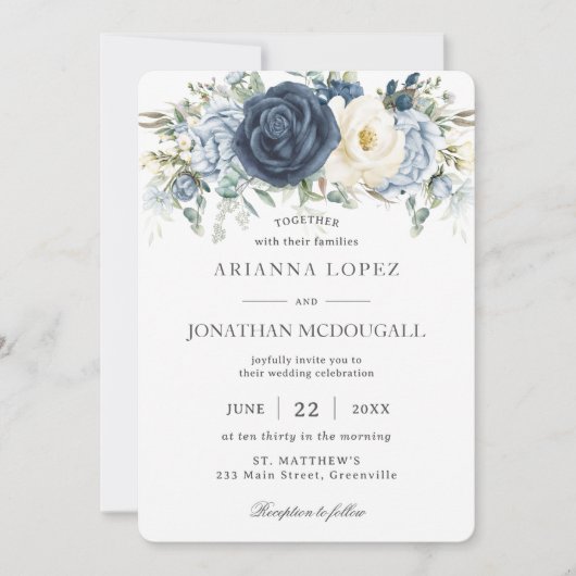 Invitation Boho Rustique Dusty Blue Ivory Floral Sage Mariage (Devant)
