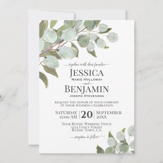 Invitation Boho rustique Eucalyptus & Verdure Mariage élégant (Devant)