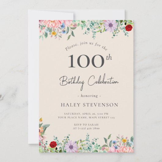 Invitation Boho rustique fleur sauvage 100e anniversaire Simp (Devant)