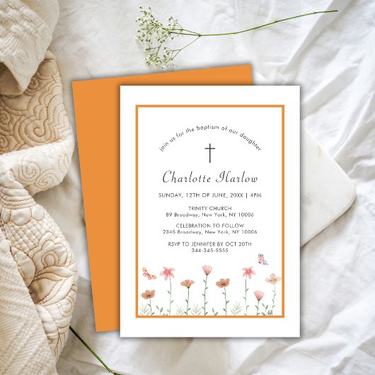 Invitation Boho Rustique Fleur sauvage Floral Cross Baptême