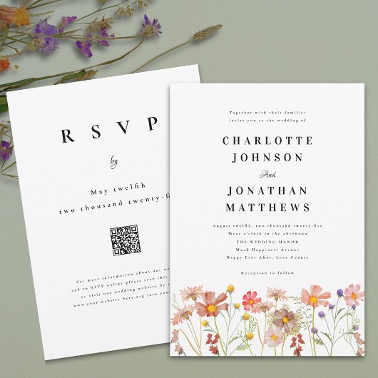 Invitation Boho Rustique Fleur sauvage Floral QR Code