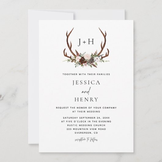 Invitation Boho Rustique Floral Antlers Mariage (Devant)