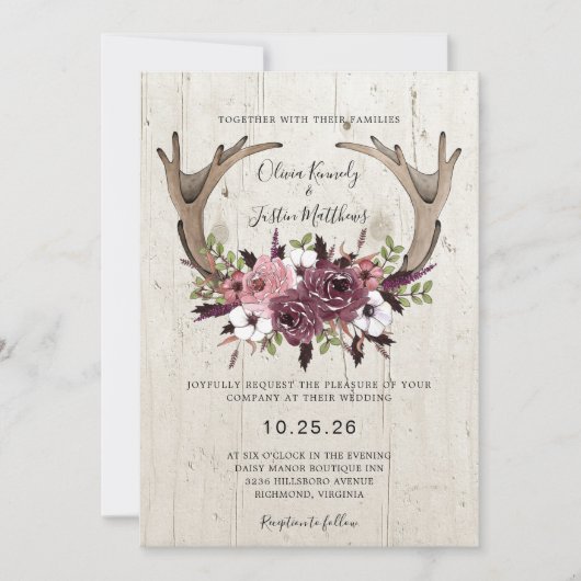 Invitation Boho Rustique Floral Antlers Mariage bois (Devant)