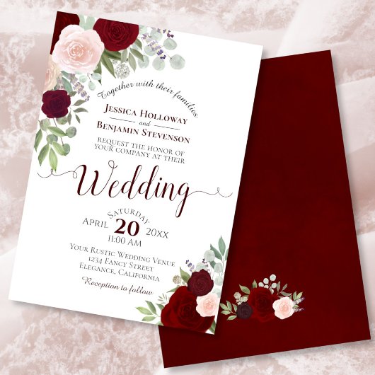 Invitation Boho Rustique Floral Bourgogne Rouge et Mariage ro
