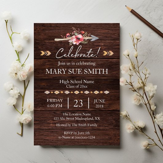 Invitation Boho Rustique Floral Grain Graduation