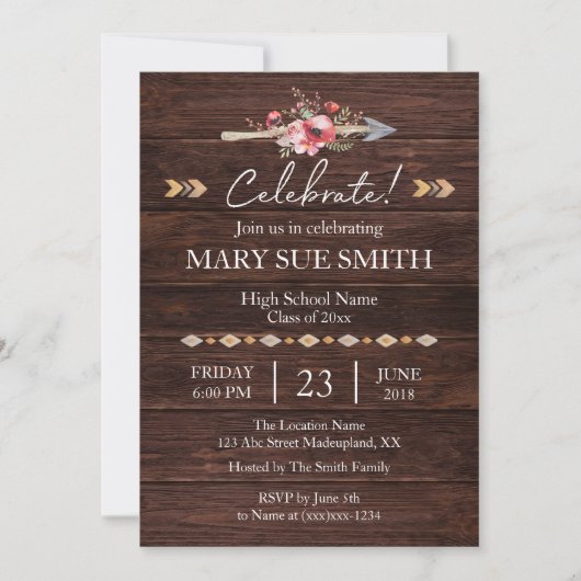 Invitation Boho Rustique Floral Grain Graduation (Devant)