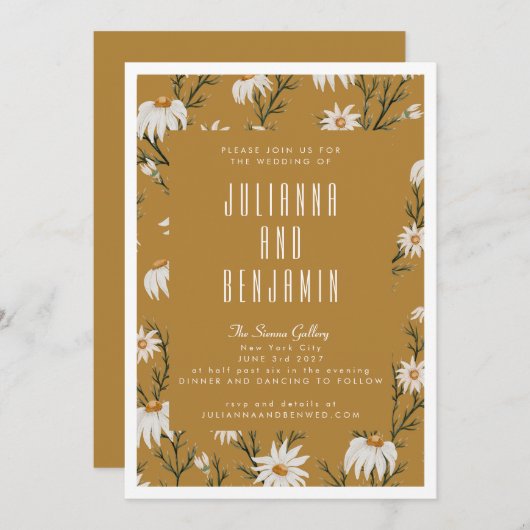 Invitation Boho Rustique Floral Mustard Jaune Mariage (Devant / Derrière)