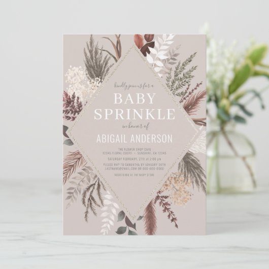 Invitation Boho Rustique Floral Pampas Grass Baby Sprinkle In (Debout devant)