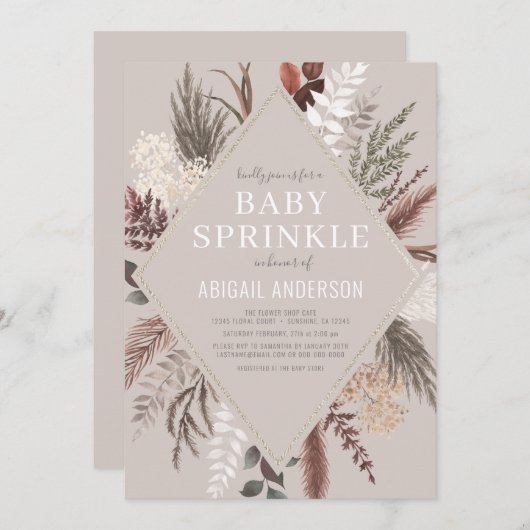 Invitation Boho Rustique Floral Pampas Grass Baby Sprinkle In (Devant / Derrière)