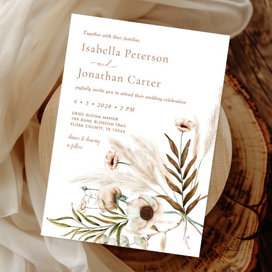 Invitation Boho Rustique Floral Pampas Grass Mariage de couro