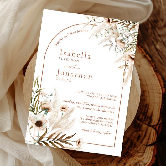 Invitation Boho Rustique Floral Pampas Mariage Arc de laiton
