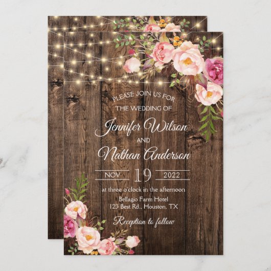 Invitation Boho Rustique Floral String Mariage (Devant / Derrière)