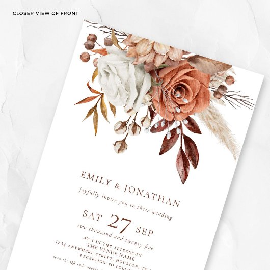 Invitation Boho Rustique Florals Texte Brown QR Code Mariage