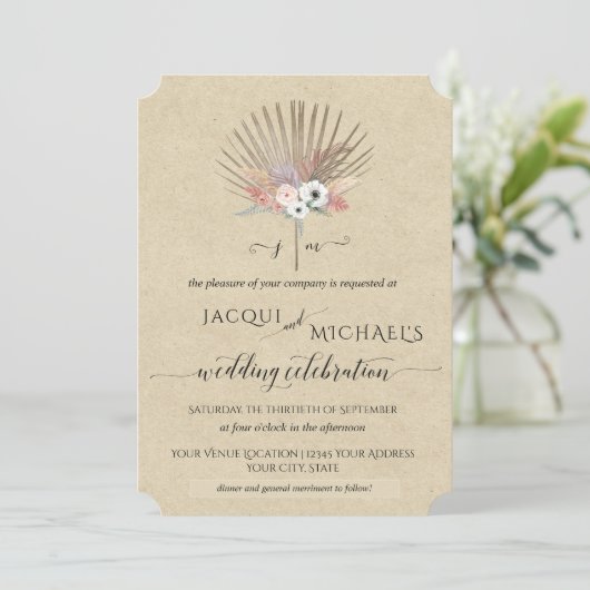 Invitation BOHO Rustique Herbe de Pampas Tropical Monogramme  (Debout devant)