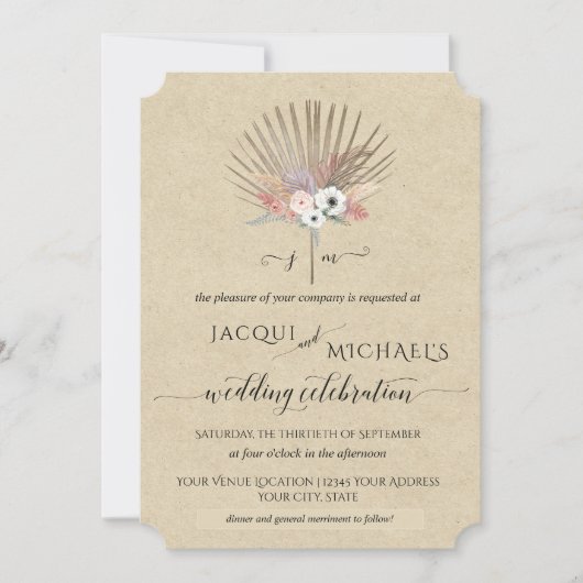Invitation BOHO Rustique Herbe de Pampas Tropical Monogramme (Devant)