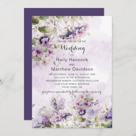 Invitation Boho Rustique Lavande violet Fleurs sauvages flora (Devant / Derrière)