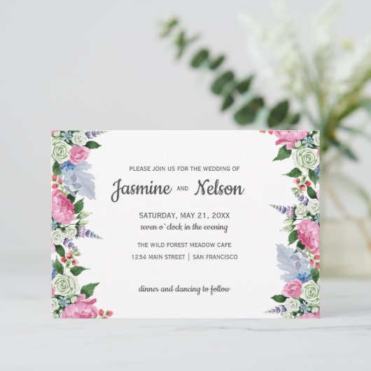 Invitation Boho Rustique mariage à la frontière florale lilas (Debout devant)