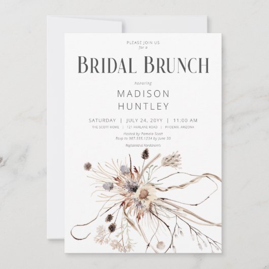 Invitation Boho Rustique Neutral Fleurs séchées Brunch nuptia (Devant)