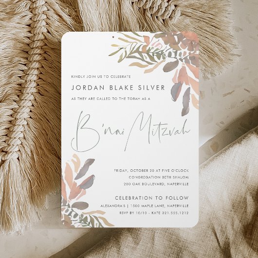 Invitation Boho rustique neutre Floral B'nai Mitzvah