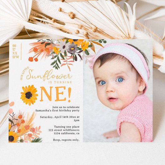 Invitation Boho rustique orangé tournesol photo 1er anniversa