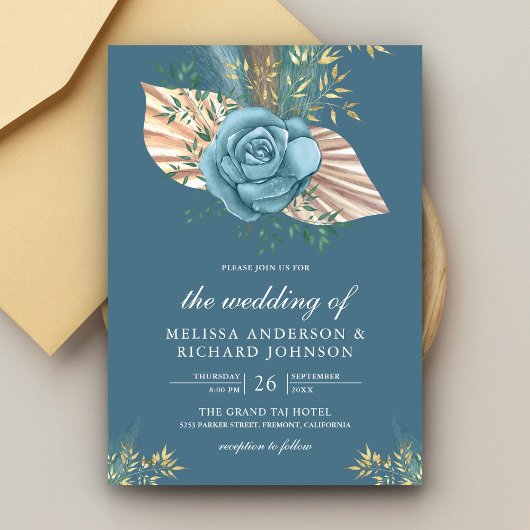Invitation Boho Rustique Palm Dusty Blue Floral Mariage