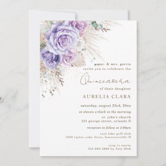 Invitation Boho Rustique Pampas Fleur Violette Quinceañera In (Devant)