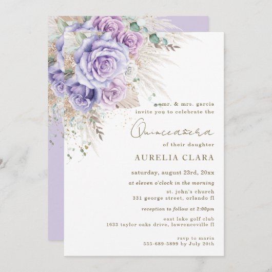 Invitation Boho Rustique Pampas Fleurs Violettes Quinceañera  (Devant / Derrière)