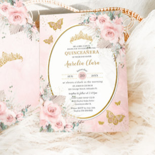 Invitation Boho Rustique Pampas Rose Pâle Floral Quinceañera