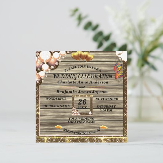 Invitation Boho rustique Parties scintillant dorée Mariage e (Debout devant)