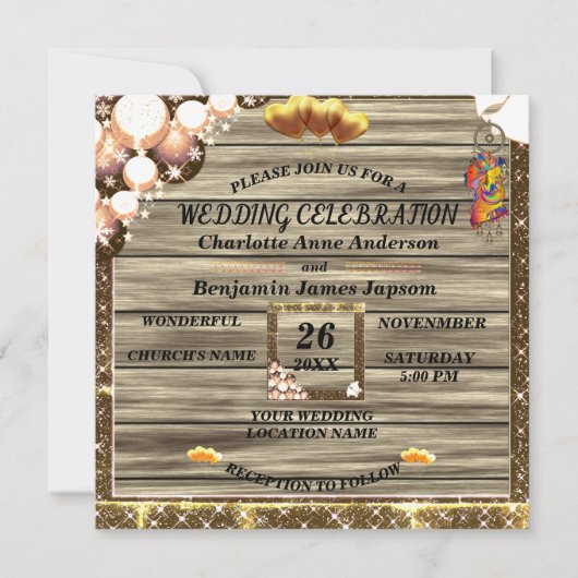 Invitation Boho rustique Parties scintillant dorée Mariage e (Devant)