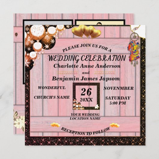 Invitation Boho Rustique Parties scintillant dorée Mariage e (Devant / Derrière)