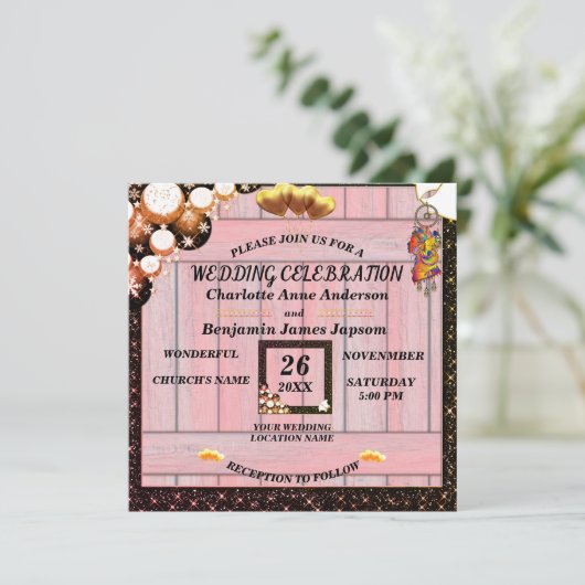 Invitation  Boho Rustique Parties scintillant dorée Mariage e (Debout devant)