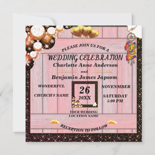 Invitation  Boho Rustique Parties scintillant dorée Mariage e (Devant)