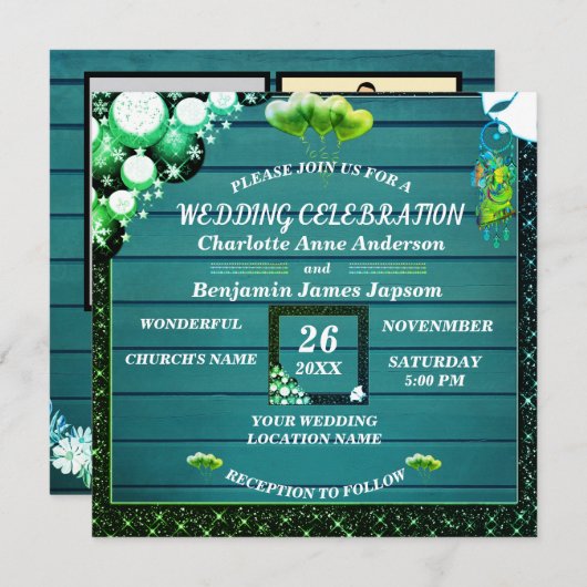 Invitation  Boho Rustique Parties scintillant verte Mariage e (Devant / Derrière)