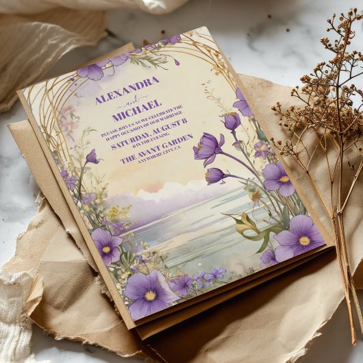 Invitation Boho Rustique Plum Floral & Dusty Purple Mariage