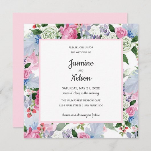 Invitation Boho Rustique rose blanc lilas bleu fleurs mariage (Devant / Derrière)