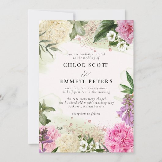 Invitation Boho Rustique rose blanc violet Mariage Floral (Devant)