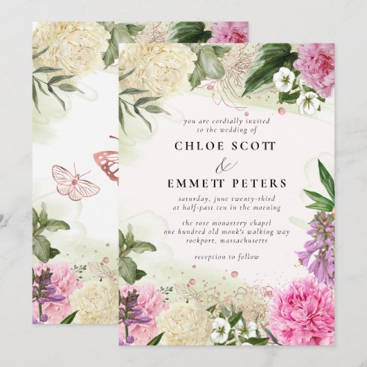 Invitation Boho Rustique rose blanc violet Mariage Floral (Devant / Derrière)