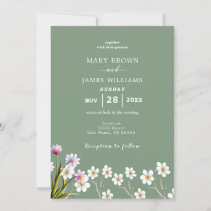 Invitation Boho Rustique Sage Floral Vert & Blanc Mariage