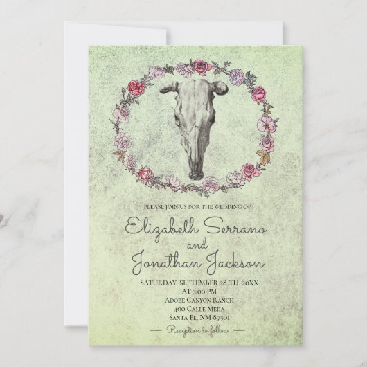 Invitation Boho rustique Sud-Ouest Vache Crâne et Rose Floral (Devant)