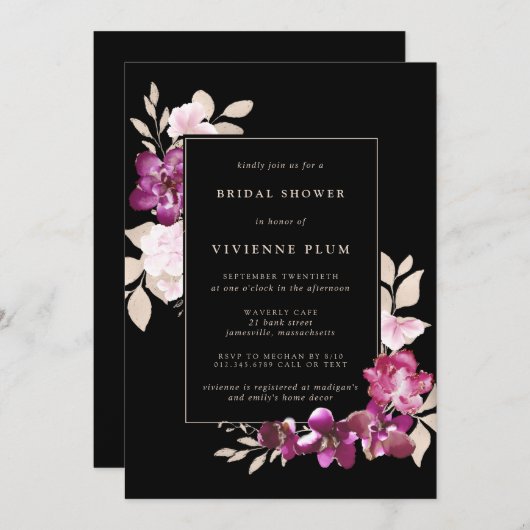 Invitation Boho rustique violet rose Fête des mariées florale (Devant / Derrière)