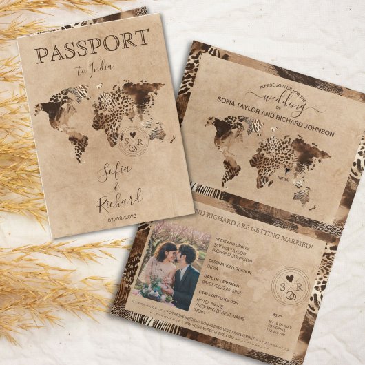Invitation Boho Safari Leopard Wedding Passport World Map